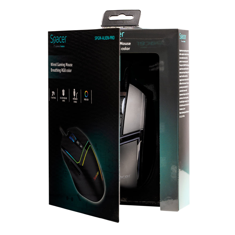 MOUSE Spacer - gaming, gaming, cu fir, USB, optic, 12.000 dpi, butoane/scroll 7/1, iluminare RGB, negru, "SPGM-ALIEN-PRO"