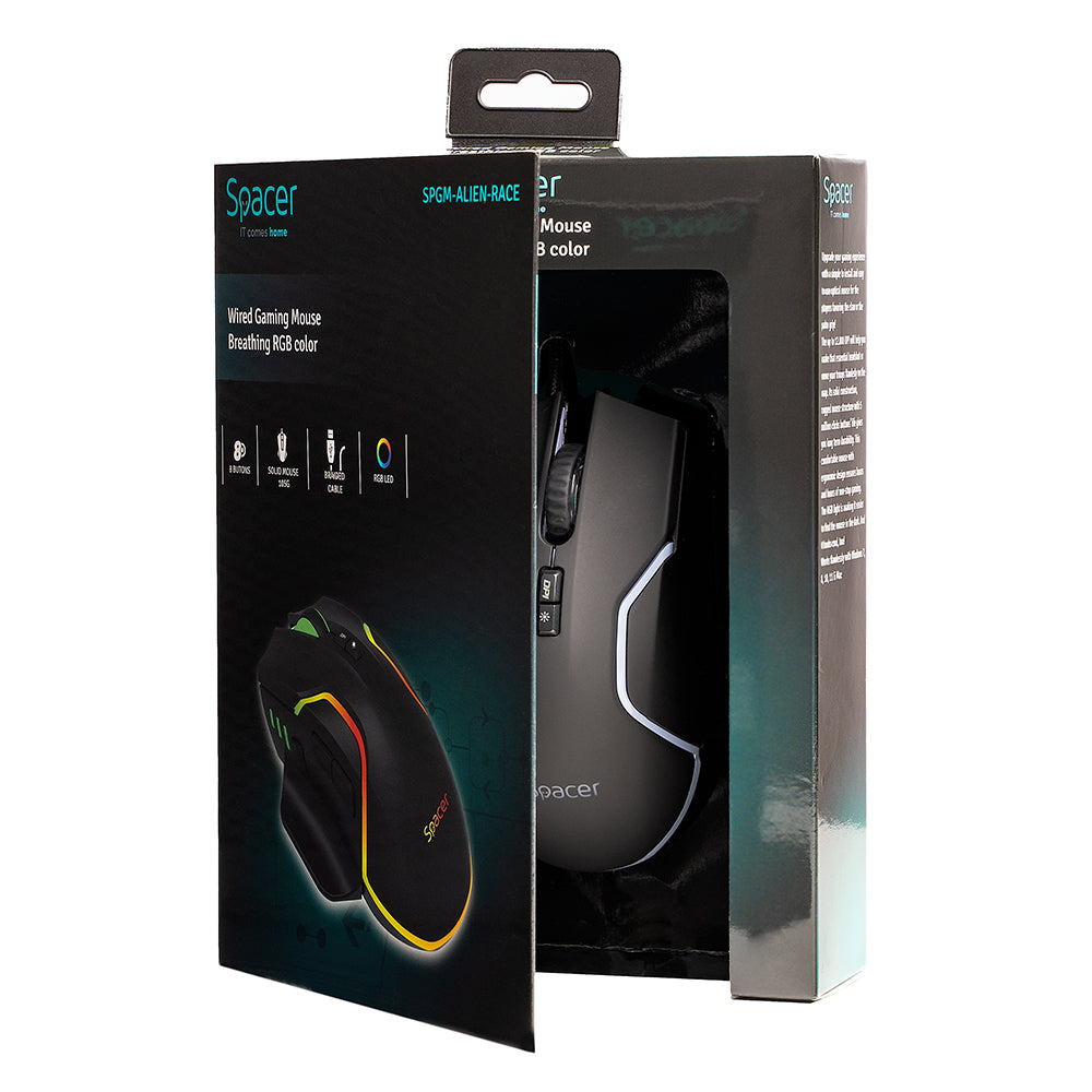 MOUSE Spacer - gaming, gaming, cu fir, USB, optic, 12.000 dpi, butoane/scroll 8/1, iluminare RGB, negru, "SPGM-ALIEN-RACE"
