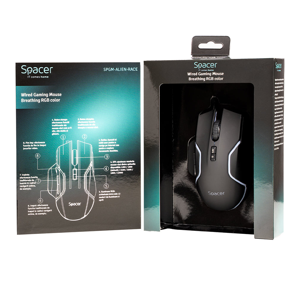 MOUSE Spacer - gaming, gaming, cu fir, USB, optic, 12.000 dpi, butoane/scroll 8/1, iluminare RGB, negru, "SPGM-ALIEN-RACE"