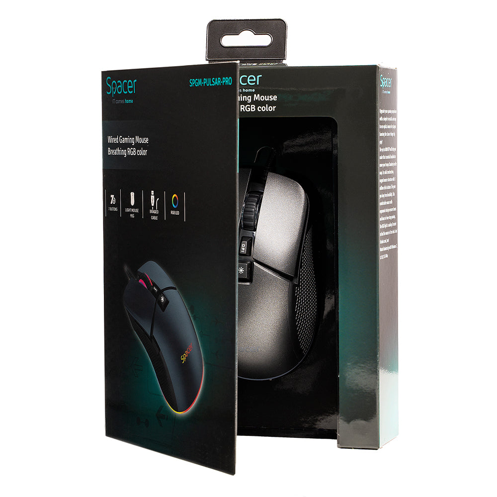 MOUSE Spacer - gaming, gaming, cu fir, USB, optic, rezolutie selectabila max. 8.000 dpi, butoane/scroll 7/1, iluminare RGB, negru, "SPGM-PULSAR-PRO"