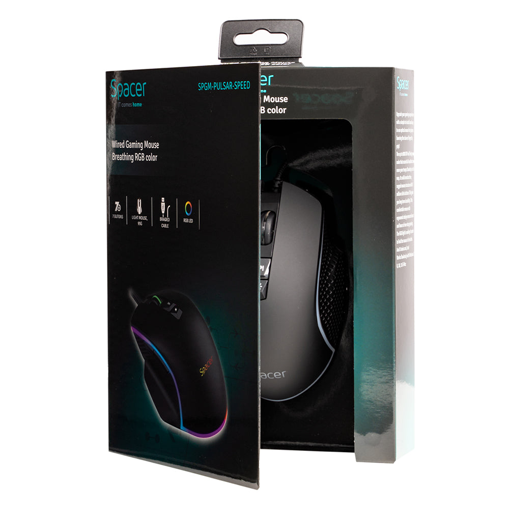 MOUSE Spacer - gaming, gaming, cu fir, USB, optic, 8.000 DPI, butoane/scroll 7/1, iluminare RGB, negru, "SPGM-PULSAR-SPEED"