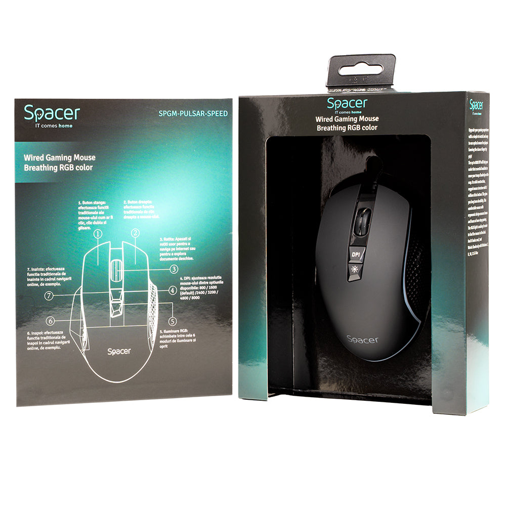 MOUSE Spacer - gaming, gaming, cu fir, USB, optic, 8.000 DPI, butoane/scroll 7/1, iluminare RGB, negru, "SPGM-PULSAR-SPEED"