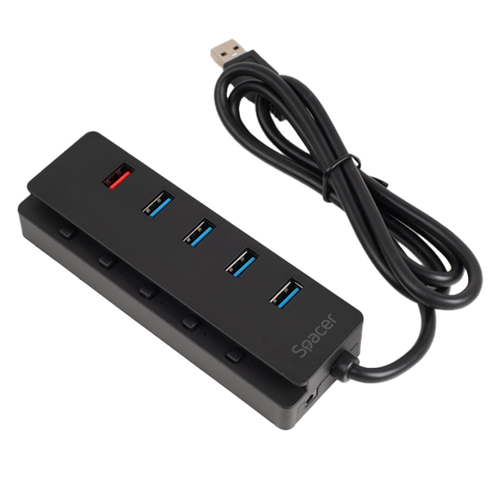 HUB extern SPACER, porturi USB: USB 3.0 x 4, Port USB Quick Charge x 1, conectare prin USB 3.0, Alimentare retea 220V,negru, "SPH-4USB30-1QC"