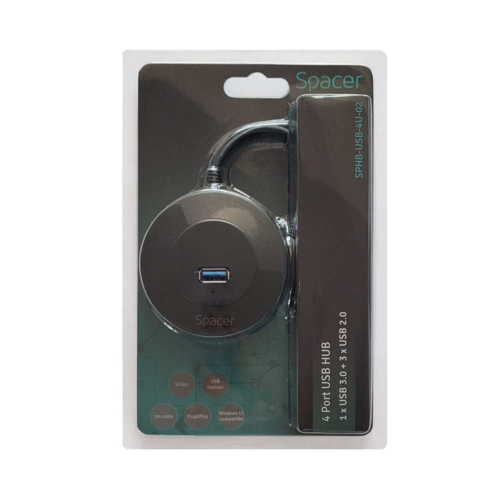 HUB extern SPACER, porturi USB:USB 3.0 X 1, USB 2.0 x 3, conectare prin USB 3.0, cablu 1m,Plastic ABS, Negru, , "SPHB-USB-4U-02"
