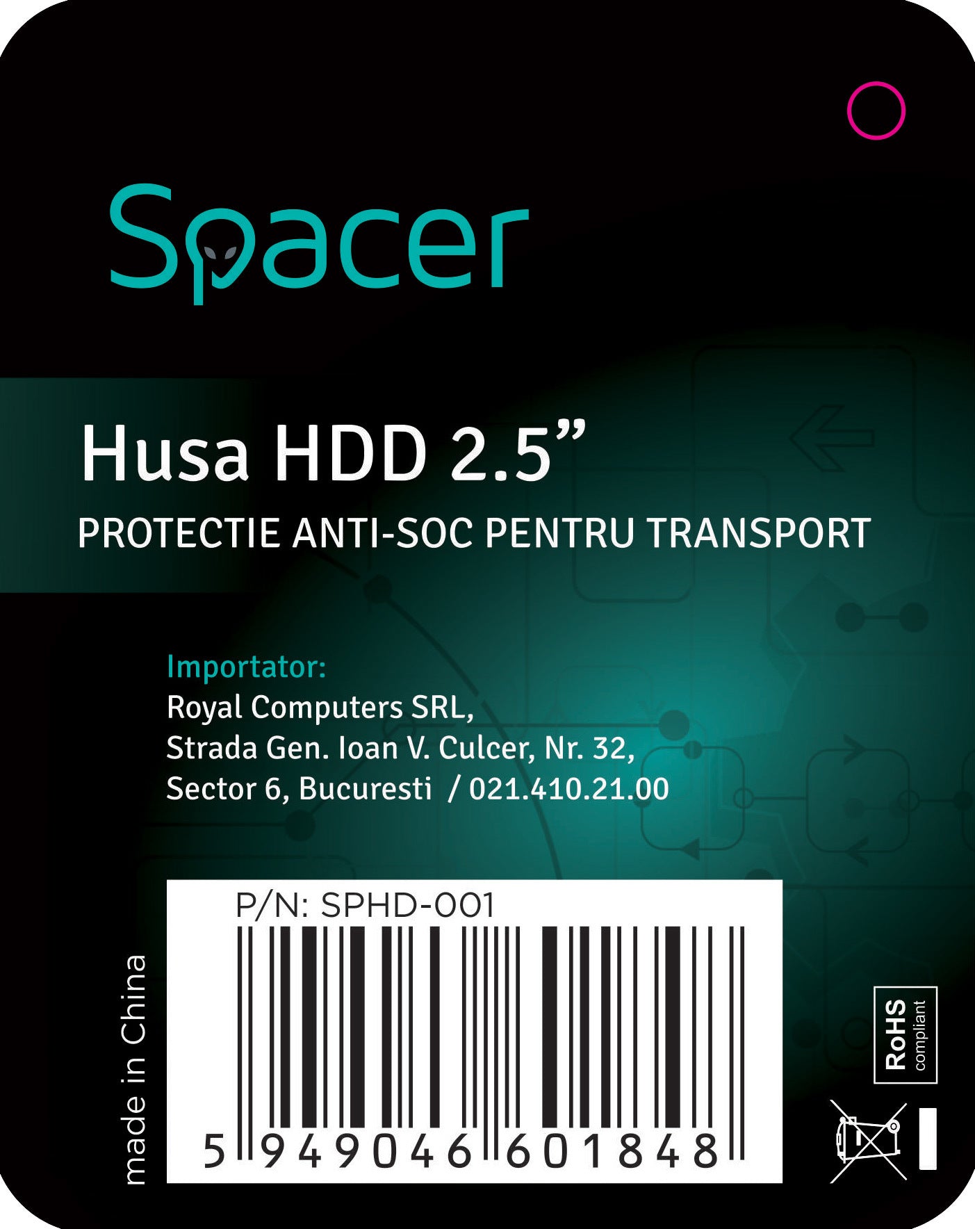 HUSA SPACER, pt HDD/SSD 2.5", buzunar intern plasa, negru, "SPHD-001"