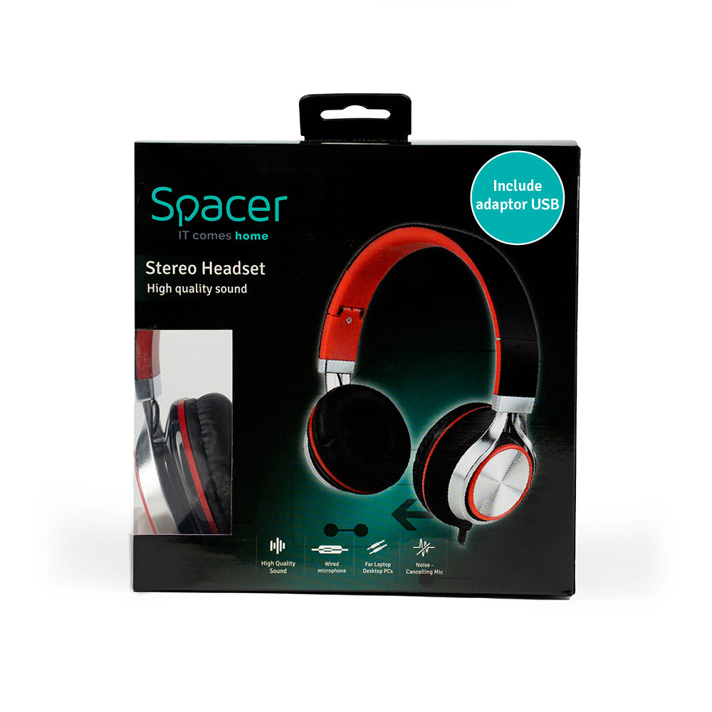 CASTI Spacer, cu fir, standard, utilizare multimedia, microfon pe fir, pliabile, banda ajustabila, conectare prin adaptor USB 2.0 sau Jack 3.5 mm x 2, rosu&negru, "SPHS-SILVER-USB", (timbru verde 0.8 lei)