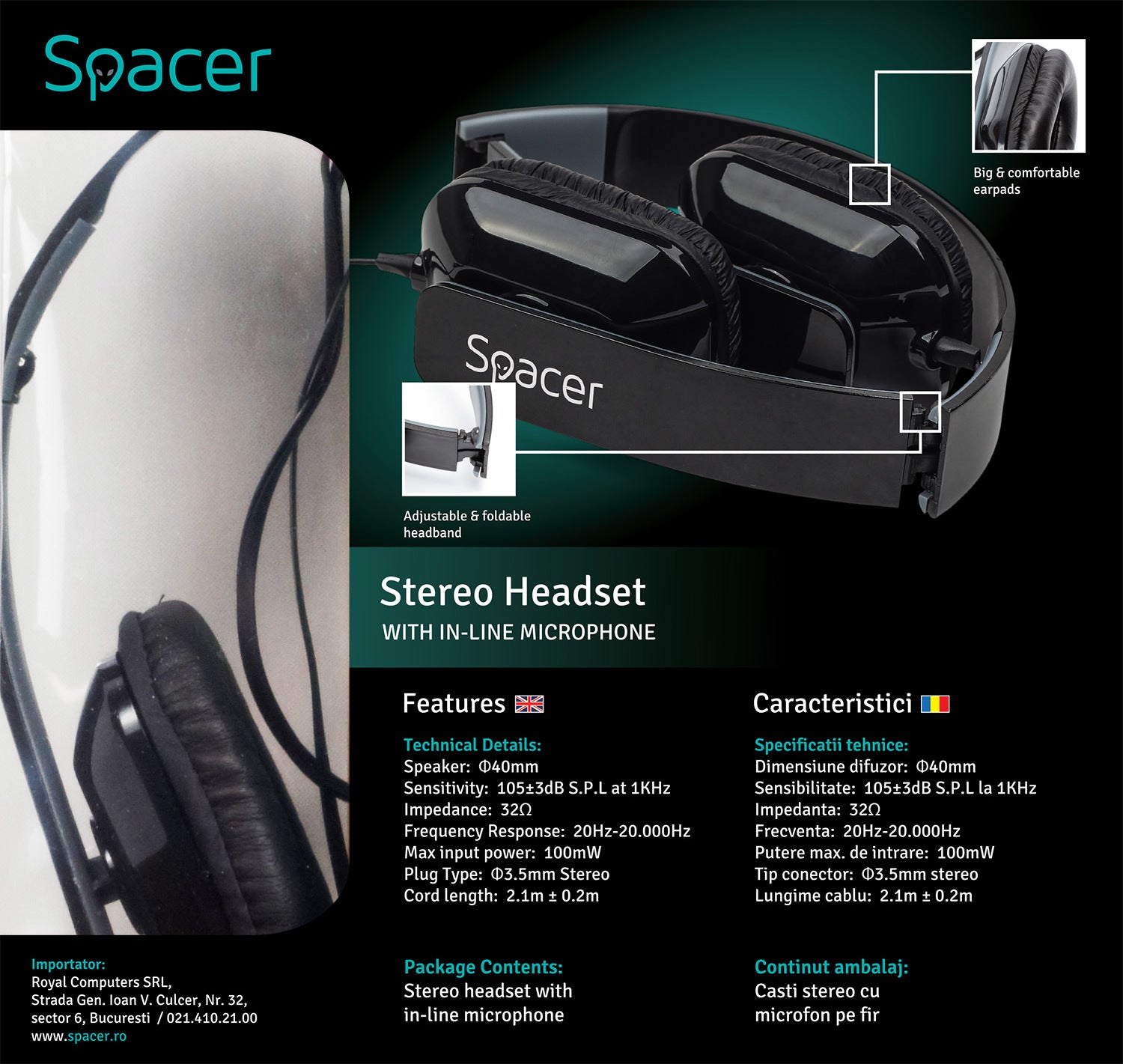 CASTI SPACER cu microfon. pe fir (handsfree), jack 3.5mm, black "SPK-205"   (include TV 0.75 lei)