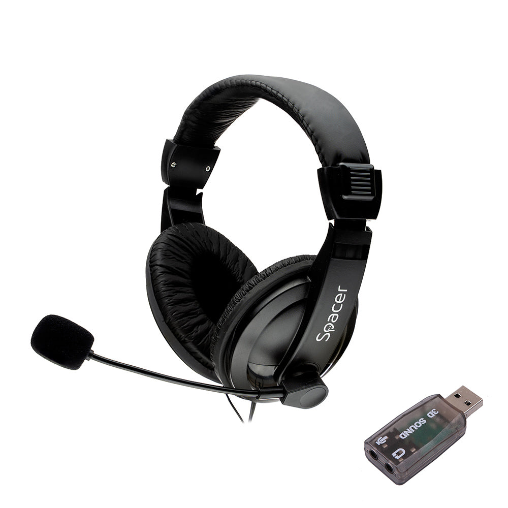 CASTI Spacer, cu fir, standard, utilizare multimedia, microfon pe brat, conectare prin adaptor USB 2.0 sau Jack 3.5 mm x 2, negru, "SPK-222-USB"