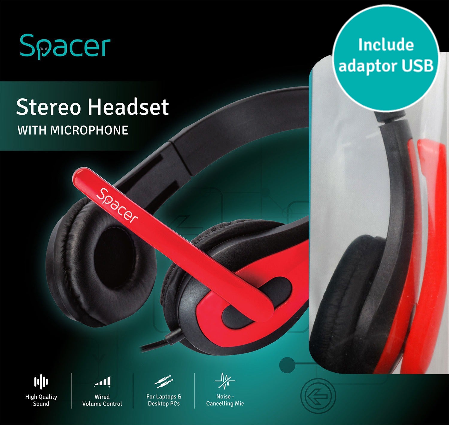 CASTI Spacer, cu fir, standard, utilizare multimedia, microfon pe brat, conectare prin adaptor USB 2.0 sau Jack 3.5 mm x 2, negru / rosu, "SPK-507-USB", (timbru verde 0.8 lei)