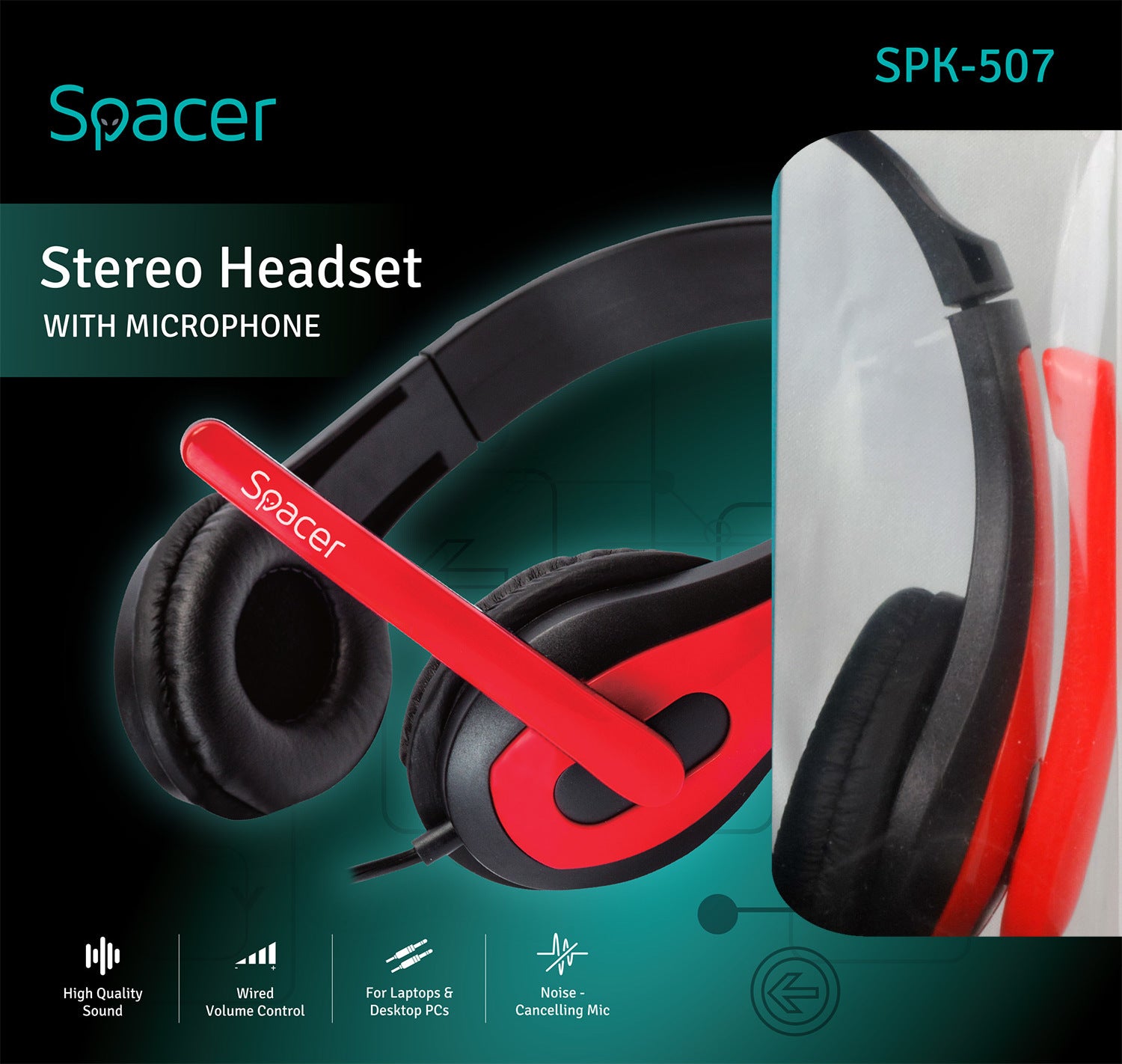 CASTI  Spacer, cu fir, standard, utilizare multimedia, microfon pe brat, conectare prin Jack 3.5 mm x 2, negru / rosu, "SPK-507", (timbru verde 0.8 lei)