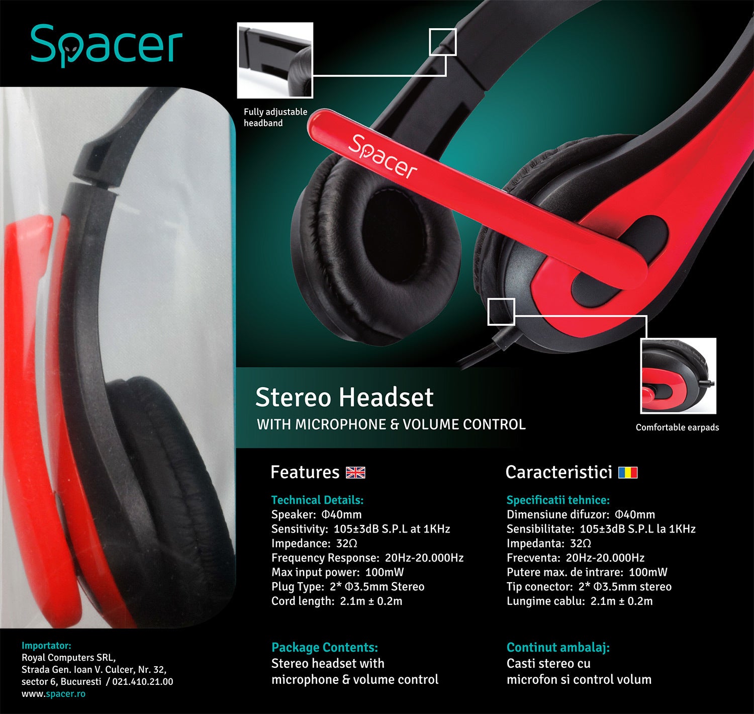 CASTI  Spacer, cu fir, standard, utilizare multimedia, microfon pe brat, conectare prin Jack 3.5 mm x 2, negru / rosu, "SPK-507", (timbru verde 0.8 lei)