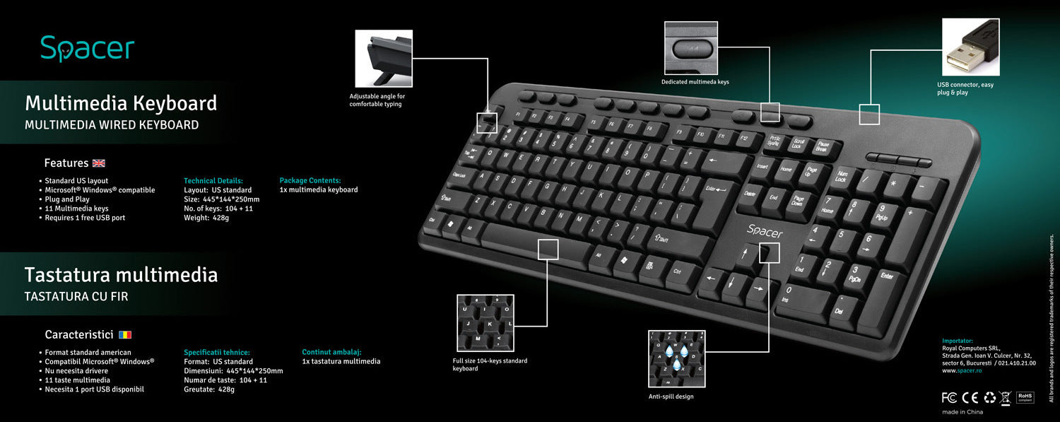 TASTATURA SPACER USB, multimedia, 104 taste + 11 taste multimedia, anti-spill, black, "SPKB-169" 45504123