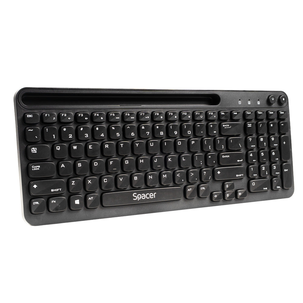 TASTATURA wireless SPACER, 102 taste, low profile keycap, suport telefon, 1 baterie AAA inclusa, neagra, "SPKB-WS-04"