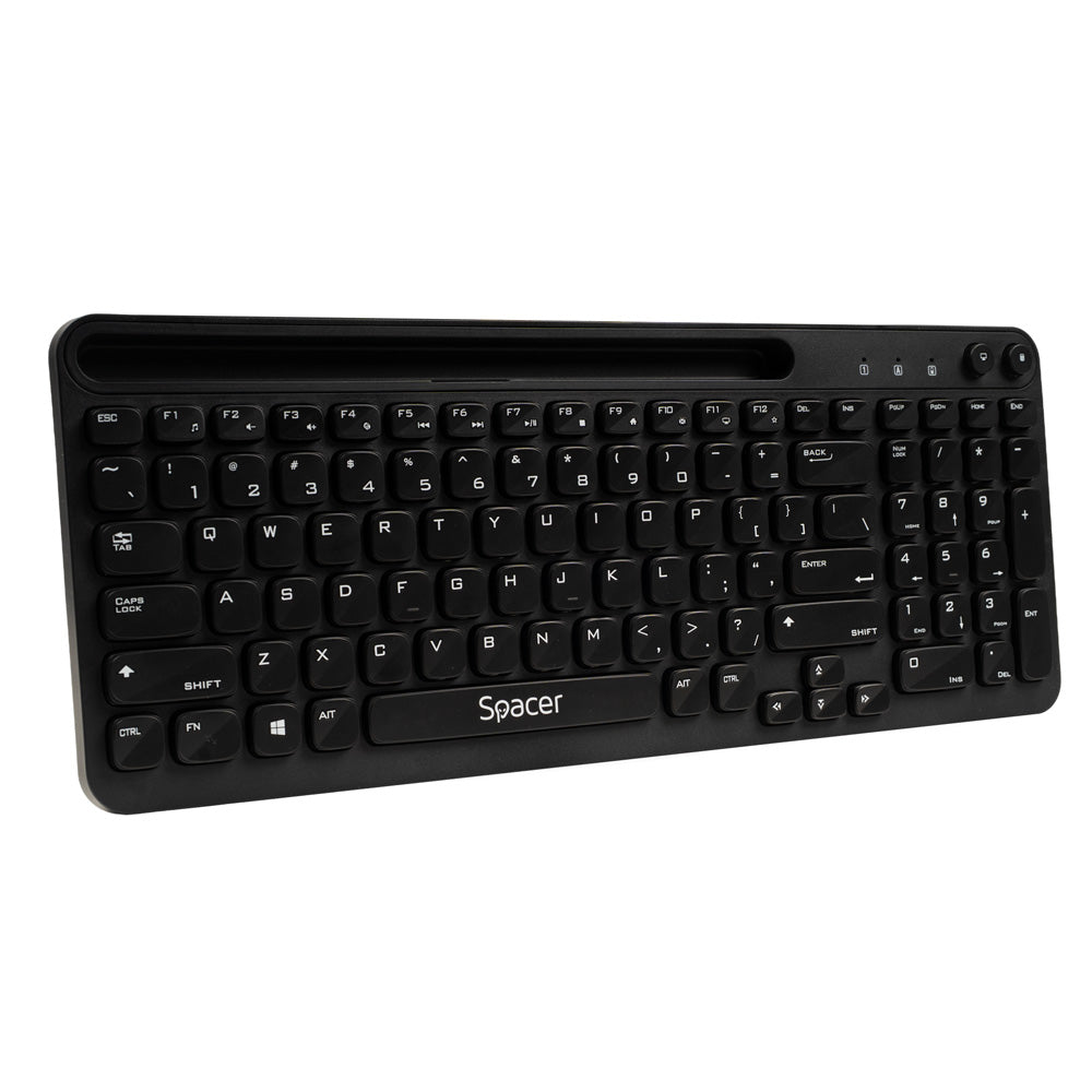TASTATURA wireless SPACER, 102 taste, low profile keycap, suport telefon, 1 baterie AAA inclusa, neagra, "SPKB-WS-04"