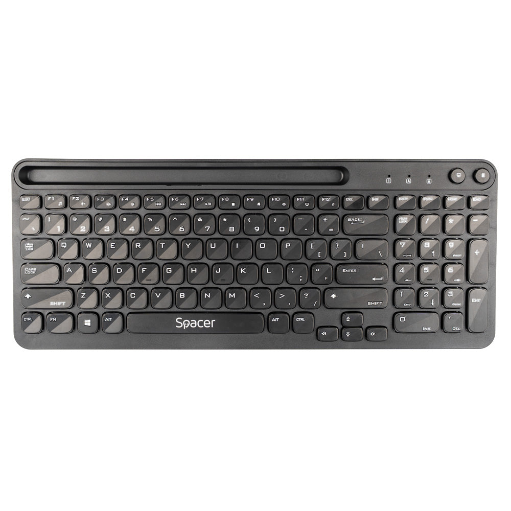 TASTATURA wireless SPACER, 102 taste, low profile keycap, suport telefon, 1 baterie AAA inclusa, neagra, "SPKB-WS-04"