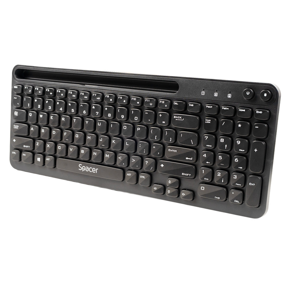 TASTATURA wireless SPACER, 102 taste, low profile keycap, suport telefon, 1 baterie AAA inclusa, neagra, "SPKB-WS-04"