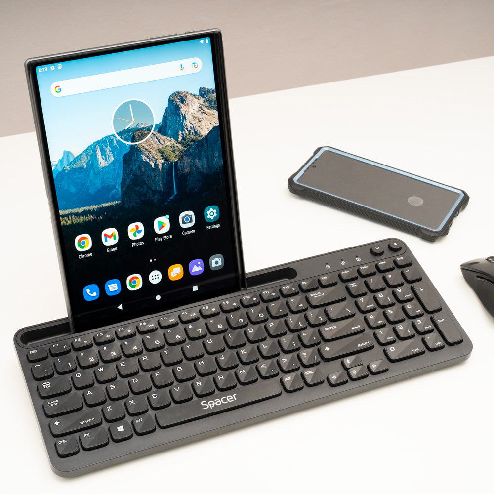 TASTATURA wireless SPACER, 102 taste, low profile keycap, suport telefon, 1 baterie AAA inclusa, neagra, "SPKB-WS-04"
