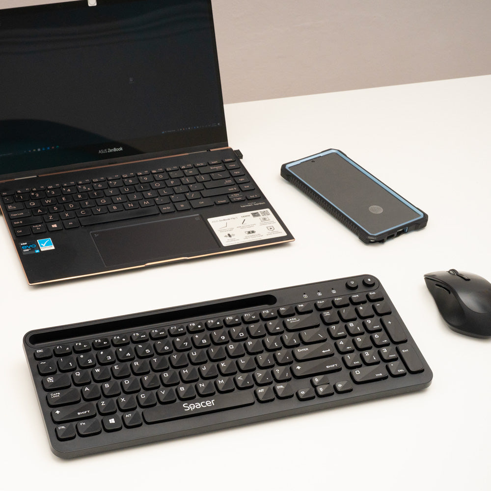 TASTATURA wireless SPACER, 102 taste, low profile keycap, suport telefon, 1 baterie AAA inclusa, neagra, "SPKB-WS-04"