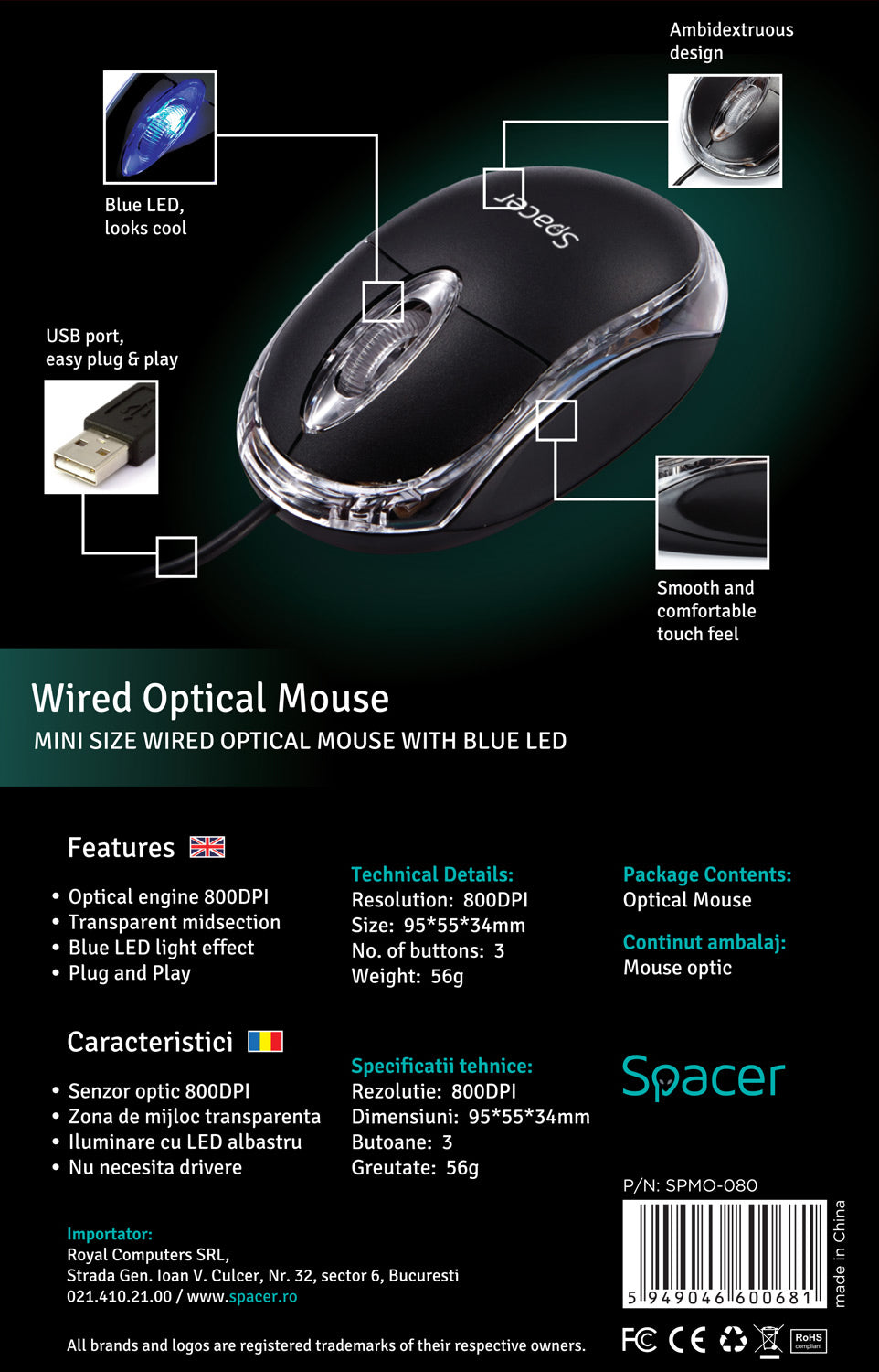 MOUSE Spacer, PC sau NB, cu fir, USB, optic, 800 dpi, butoane/scroll 3/1, , negru, "SPMO-080" 45503289