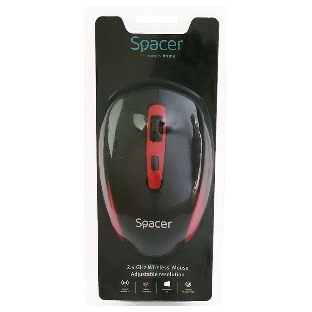 MOUSE Spacer, PC sau NB, wireless, 2.4GHz, optic, 1600 dpi, butoane/scroll 4/1, negru cu rosu, baterii incluse 2x AAA, ambalaj blister, "SPMO-WS01-BKRD"