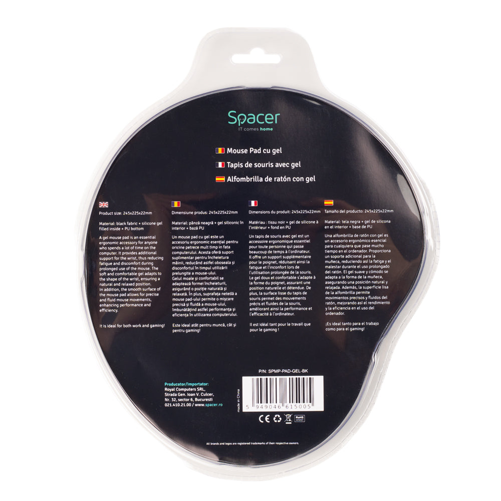 MousePAD SPACER, suport incheietura cu gel, cauciuc si material textil, 240 x 220 mm, negru "SPMP-PAD-GEL-BK"