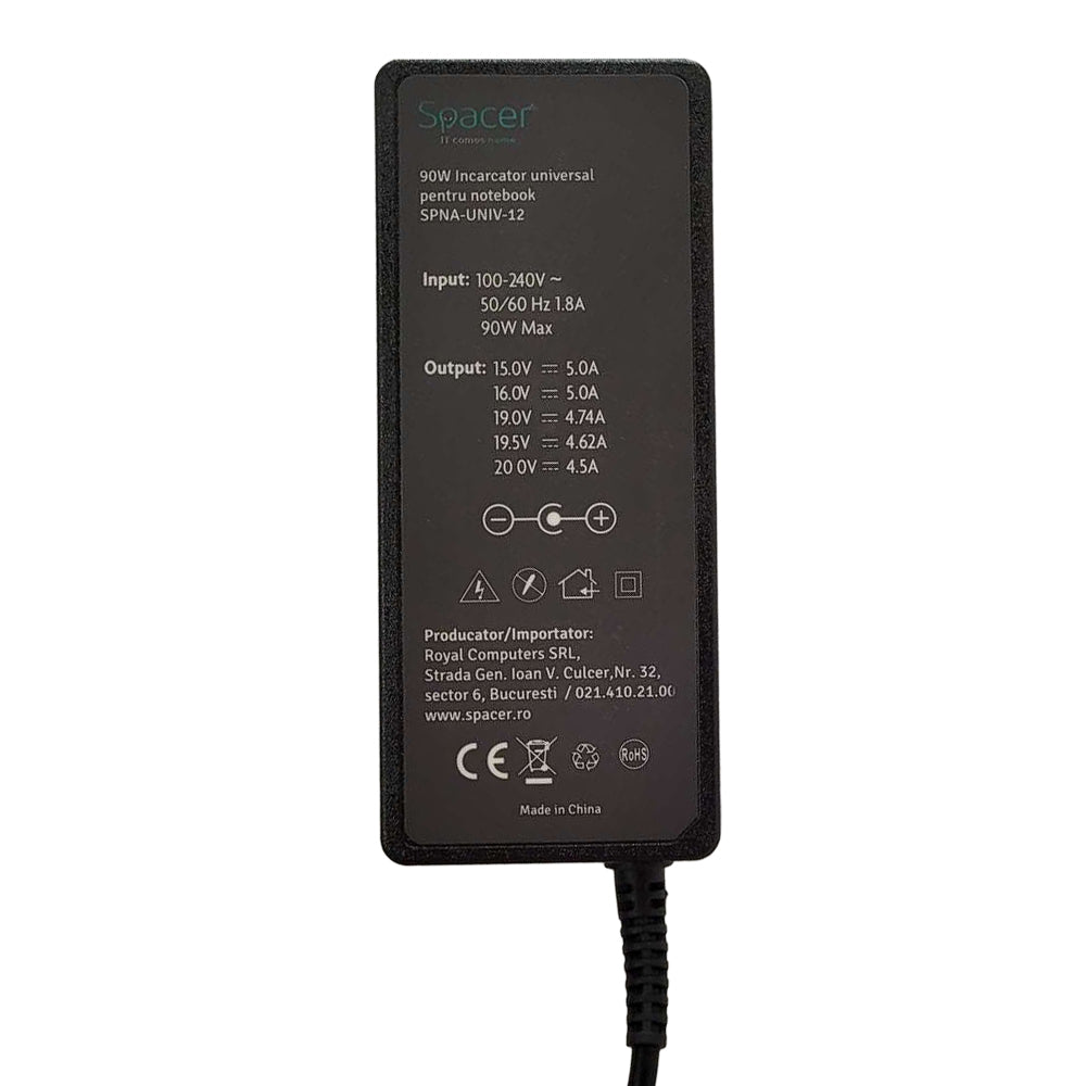 ALIMENTATOR Notebook Universal AC-DC, SPACER, 90W comutare automata tensiune - compatibil cu majoritatea NB, 12 tipuri de mufe, DC15/16/19/19.5/20V, "SPNA-UNIV-12" 45507204