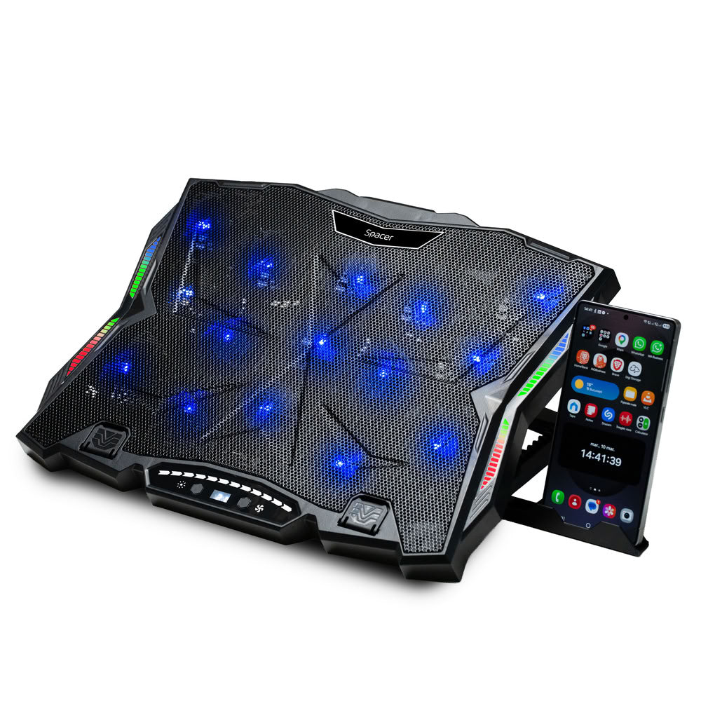 STAND SPACER notebook 17" Gaming, sita metal, 15x6cm LED fans,6 trepte turatie Max 2200RPM, 8 trepte inaltime,RGB 10 moduri, suport telefon,Airflow 180cfm, 1xUSB, 1xTYPE-C, black, Nivel zgomot 28dBA, "SPNS-Gaming-15F"