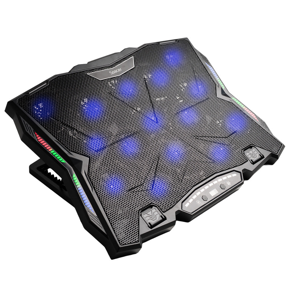 STAND SPACER notebook 17" Gaming, sita metal, 15x6cm LED fans,6 trepte turatie Max 2200RPM, 8 trepte inaltime,RGB 10 moduri, suport telefon,Airflow 180cfm, 1xUSB, 1xTYPE-C, black, Nivel zgomot 28dBA, "SPNS-Gaming-15F"