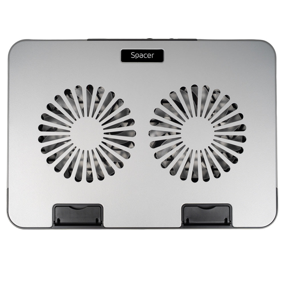 STAND SPACER notebook 17" Gaming, placa metal, 2x125mm LED fans,turatie:1200-1400rpm, 5 trepte Inaltime, RGB 7 jocuri, Suport Telefon, Airflow 86cfm, 2xUSB, Silver, Nivel zgomot 30dBA, "SPNS-Gaming-2F-02"