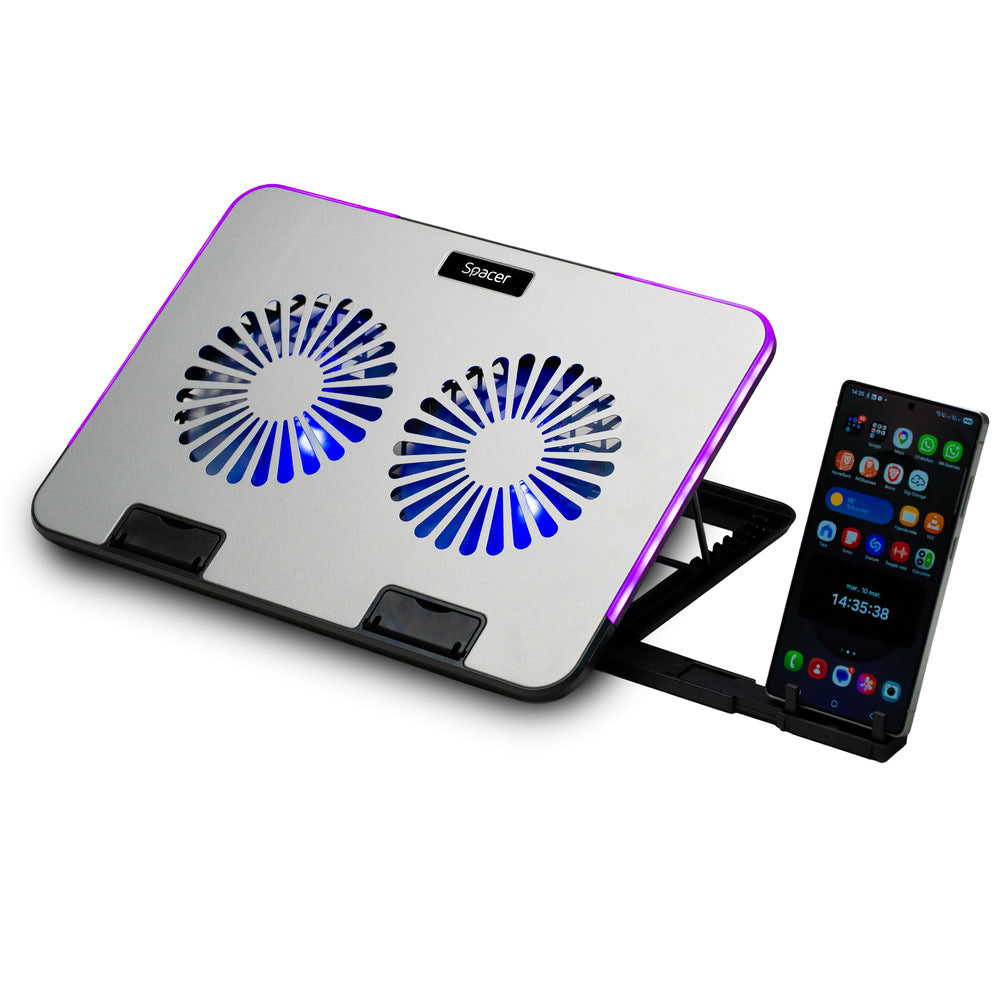 STAND SPACER notebook 17" Gaming, placa metal, 2x125mm LED fans,turatie:1200-1400rpm, 5 trepte Inaltime, RGB 7 jocuri, Suport Telefon, Airflow 86cfm, 2xUSB, Silver, Nivel zgomot 30dBA, "SPNS-Gaming-2F-02"