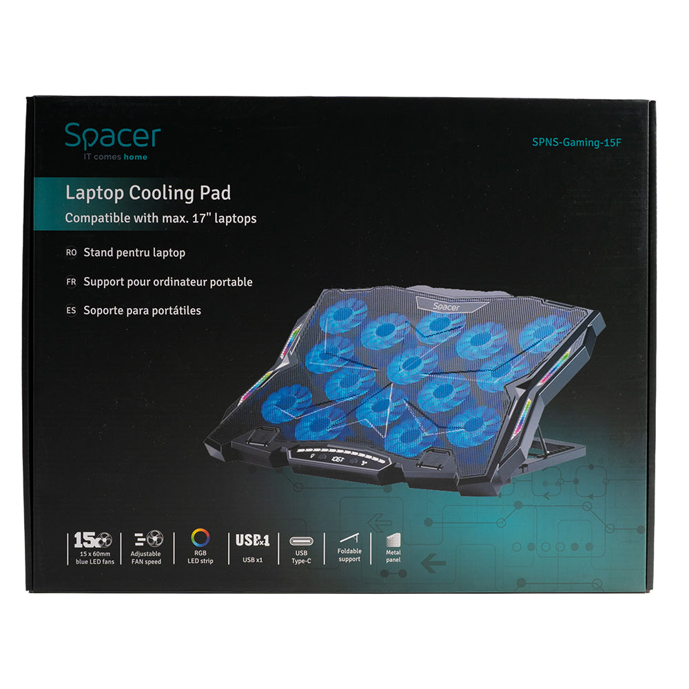 STAND SPACER notebook 17" Gaming, sita metal, 15x6cm LED fans,6 trepte turatie Max 2200RPM, 8 trepte inaltime,RGB 10 moduri, suport telefon,Airflow 180cfm, 1xUSB, 1xTYPE-C, black, Nivel zgomot 28dBA, "SPNS-Gaming-15F"