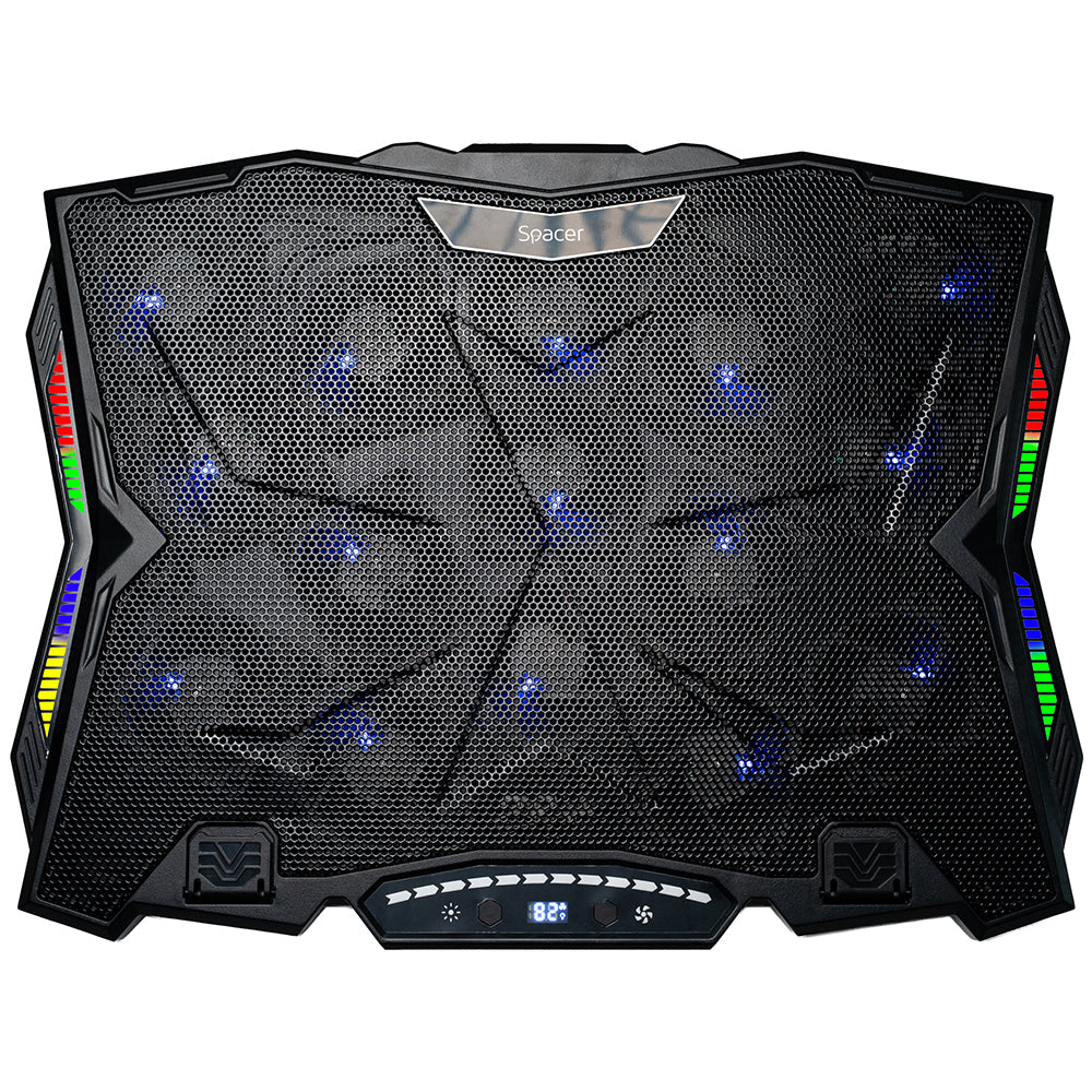 STAND SPACER notebook 17" Gaming, sita metal, 15x6cm LED fans,6 trepte turatie Max 2200RPM, 8 trepte inaltime,RGB 10 moduri, suport telefon,Airflow 180cfm, 1xUSB, 1xTYPE-C, black, Nivel zgomot 28dBA, "SPNS-Gaming-15F"