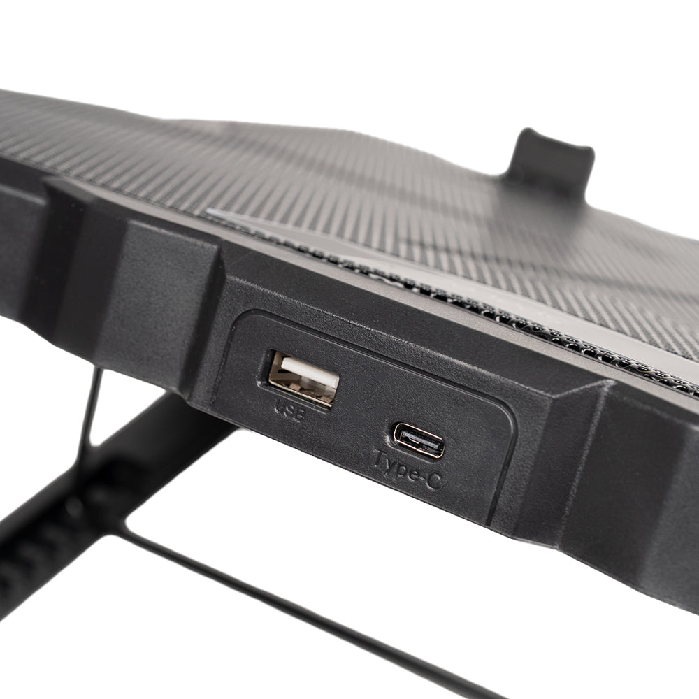STAND SPACER notebook 17" Gaming, sita metal, 15x6cm LED fans,6 trepte turatie Max 2200RPM, 8 trepte inaltime,RGB 10 moduri, suport telefon,Airflow 180cfm, 1xUSB, 1xTYPE-C, black, Nivel zgomot 28dBA, "SPNS-Gaming-15F"