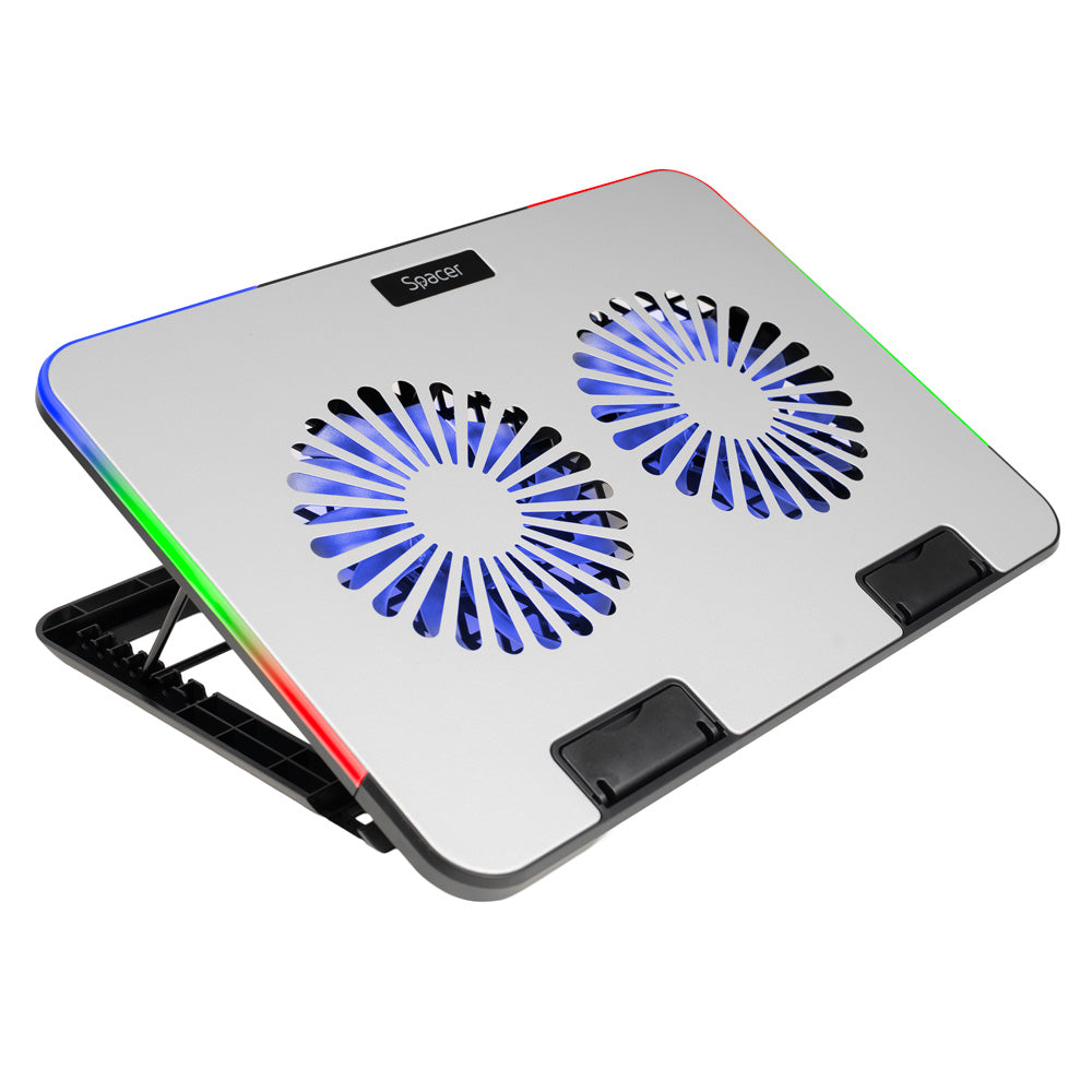 STAND SPACER notebook 17" Gaming, placa metal, 2x125mm LED fans,turatie:1200-1400rpm, 5 trepte Inaltime, RGB 7 jocuri, Suport Telefon, Airflow 86cfm, 2xUSB, Silver, Nivel zgomot 30dBA, "SPNS-Gaming-2F-02"