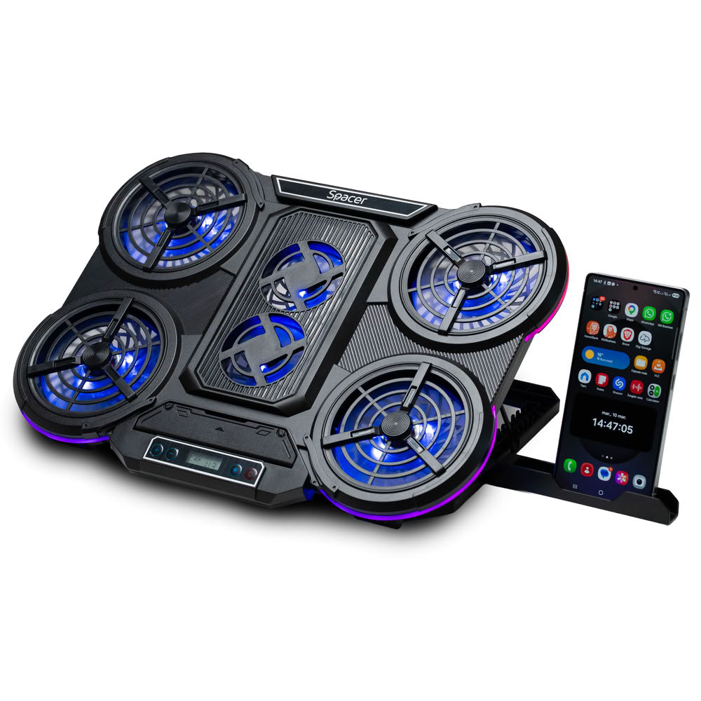 STAND SPACER notebook 17" Gaming, grila ABS, 4x10cm LED fan 1400RPM, 2x7cm LED fan 2400RPM, 6 niv. Turatie , 7 trepte inaltime, RGB 10 jocuri, Suport telefon,Airflow 140cfm, 2xUSB, black, Nivel zgomot 24.5dB, "SPNS-Gaming-6F"