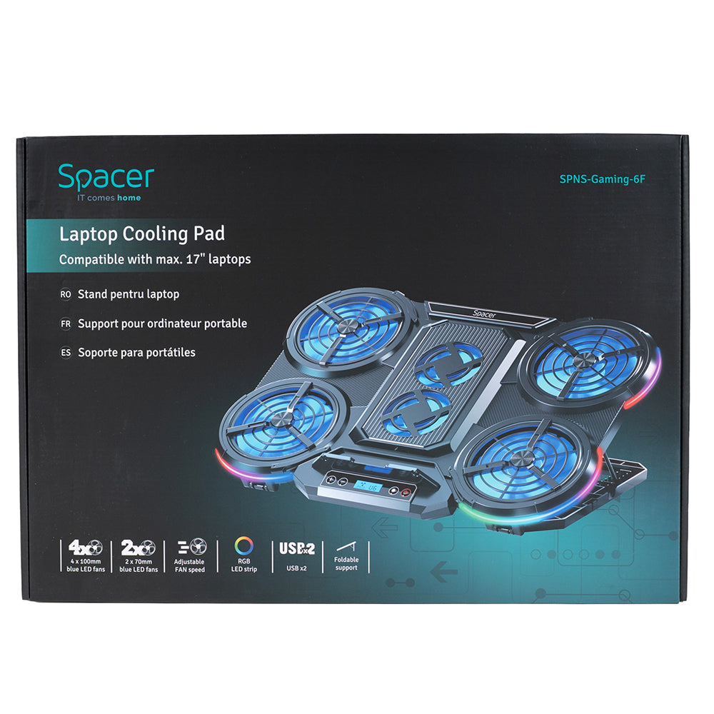 STAND SPACER notebook 17" Gaming, grila ABS, 4x10cm LED fan 1400RPM, 2x7cm LED fan 2400RPM, 6 niv. Turatie , 7 trepte inaltime, RGB 10 jocuri, Suport telefon,Airflow 140cfm, 2xUSB, black, Nivel zgomot 24.5dB, "SPNS-Gaming-6F"