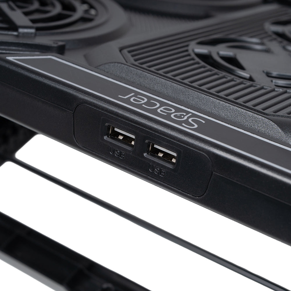 STAND SPACER notebook 17" Gaming, grila ABS, 4x10cm LED fan 1400RPM, 2x7cm LED fan 2400RPM, 6 niv. Turatie , 7 trepte inaltime, RGB 10 jocuri, Suport telefon,Airflow 140cfm, 2xUSB, black, Nivel zgomot 24.5dB, "SPNS-Gaming-6F"