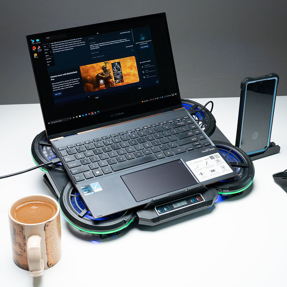 STAND SPACER notebook 17" Gaming, grila ABS, 4x10cm LED fan 1400RPM, 2x7cm LED fan 2400RPM, 6 niv. Turatie , 7 trepte inaltime, RGB 10 jocuri, Suport telefon,Airflow 140cfm, 2xUSB, black, Nivel zgomot 24.5dB, "SPNS-Gaming-6F"