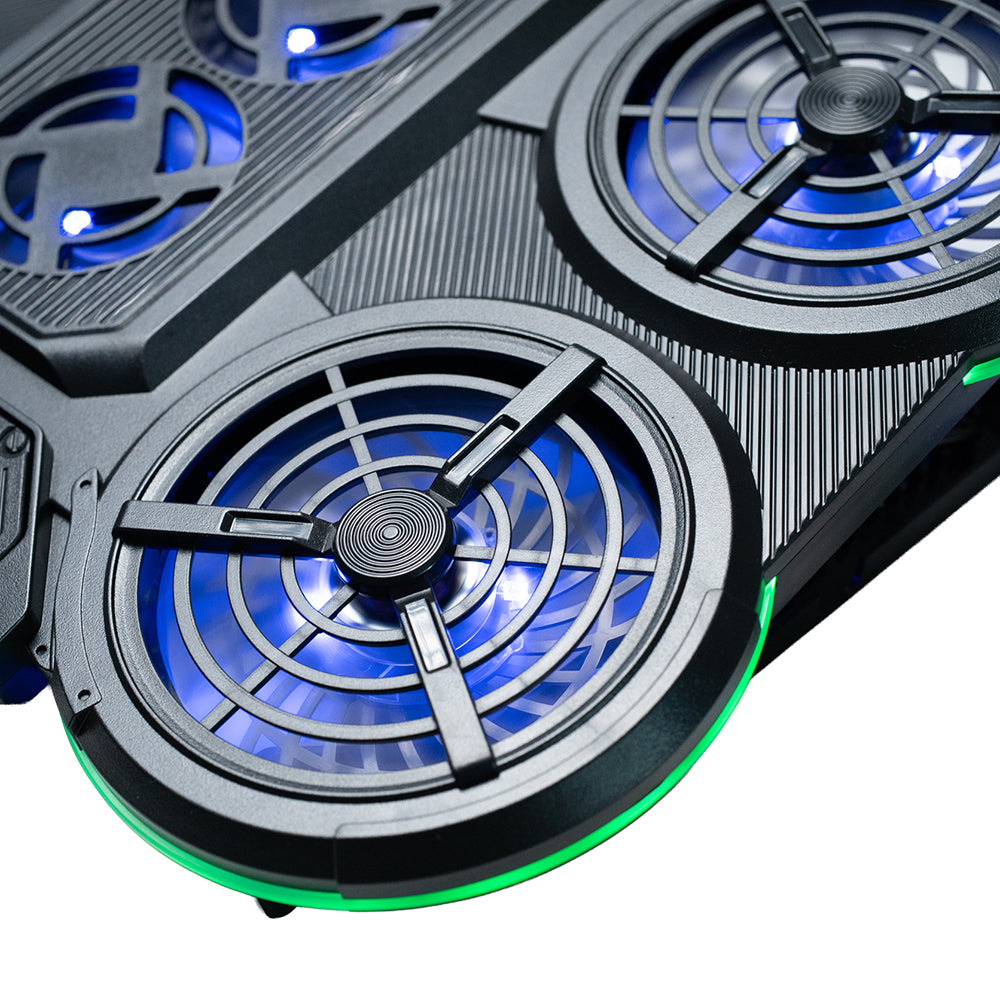 STAND SPACER notebook 17" Gaming, grila ABS, 4x10cm LED fan 1400RPM, 2x7cm LED fan 2400RPM, 6 niv. Turatie , 7 trepte inaltime, RGB 10 jocuri, Suport telefon,Airflow 140cfm, 2xUSB, black, Nivel zgomot 24.5dB, "SPNS-Gaming-6F"