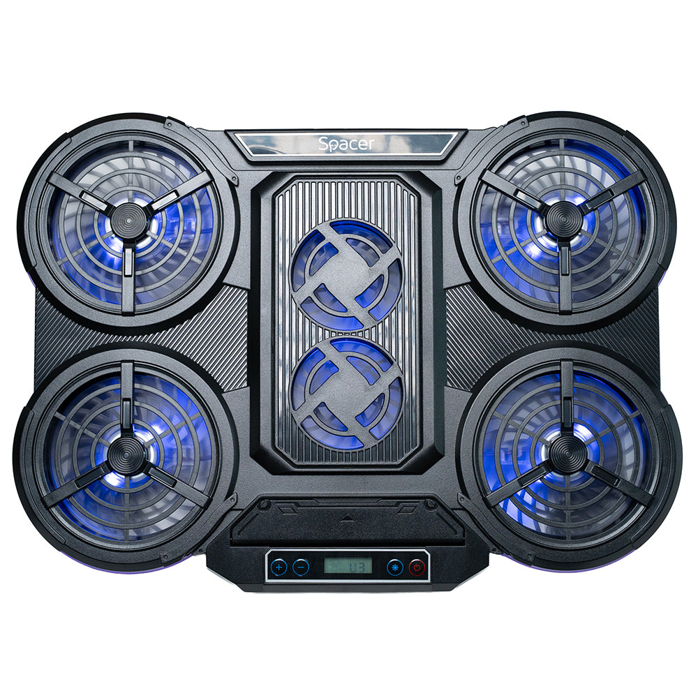 STAND SPACER notebook 17" Gaming, grila ABS, 4x10cm LED fan 1400RPM, 2x7cm LED fan 2400RPM, 6 niv. Turatie , 7 trepte inaltime, RGB 10 jocuri, Suport telefon,Airflow 140cfm, 2xUSB, black, Nivel zgomot 24.5dB, "SPNS-Gaming-6F"
