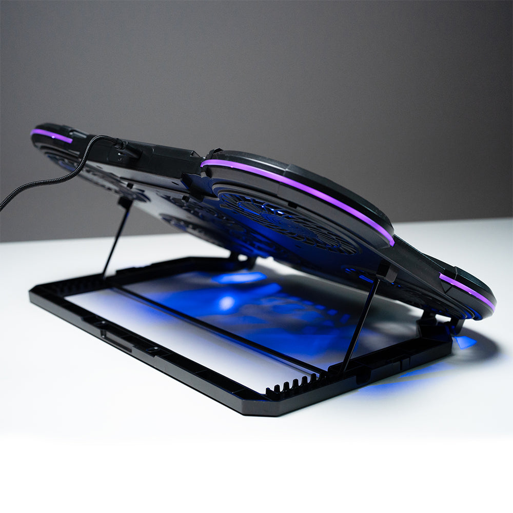 STAND SPACER notebook 17" Gaming, grila ABS, 4x10cm LED fan 1400RPM, 2x7cm LED fan 2400RPM, 6 niv. Turatie , 7 trepte inaltime, RGB 10 jocuri, Suport telefon,Airflow 140cfm, 2xUSB, black, Nivel zgomot 24.5dB, "SPNS-Gaming-6F"
