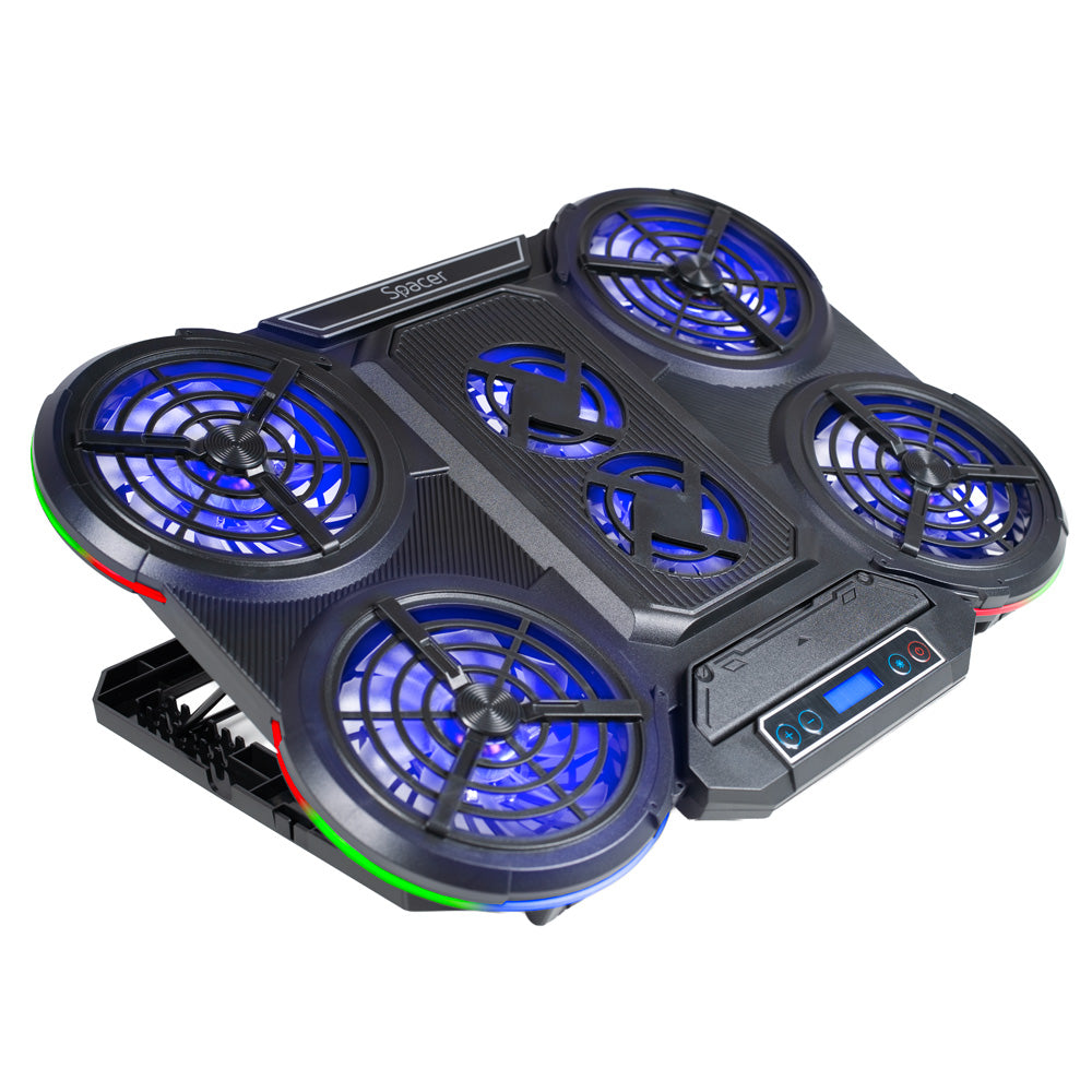 STAND SPACER notebook 17" Gaming, grila ABS, 4x10cm LED fan 1400RPM, 2x7cm LED fan 2400RPM, 6 niv. Turatie , 7 trepte inaltime, RGB 10 jocuri, Suport telefon,Airflow 140cfm, 2xUSB, black, Nivel zgomot 24.5dB, "SPNS-Gaming-6F"