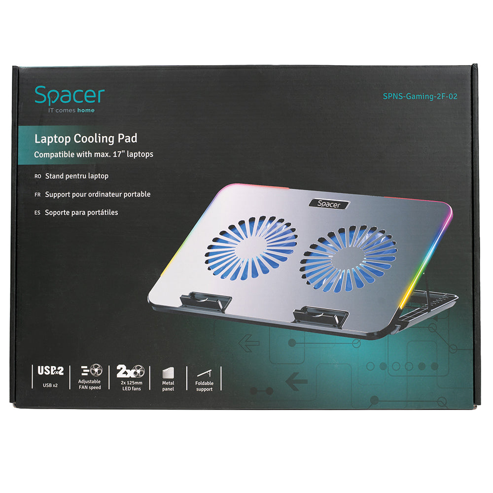 STAND SPACER notebook 17" Gaming, placa metal, 2x125mm LED fans,turatie:1200-1400rpm, 5 trepte Inaltime, RGB 7 jocuri, Suport Telefon, Airflow 86cfm, 2xUSB, Silver, Nivel zgomot 30dBA, "SPNS-Gaming-2F-02"