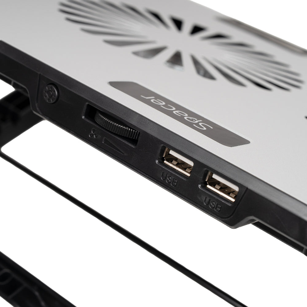 STAND SPACER notebook 17" Gaming, placa metal, 2x125mm LED fans,turatie:1200-1400rpm, 5 trepte Inaltime, RGB 7 jocuri, Suport Telefon, Airflow 86cfm, 2xUSB, Silver, Nivel zgomot 30dBA, "SPNS-Gaming-2F-02"