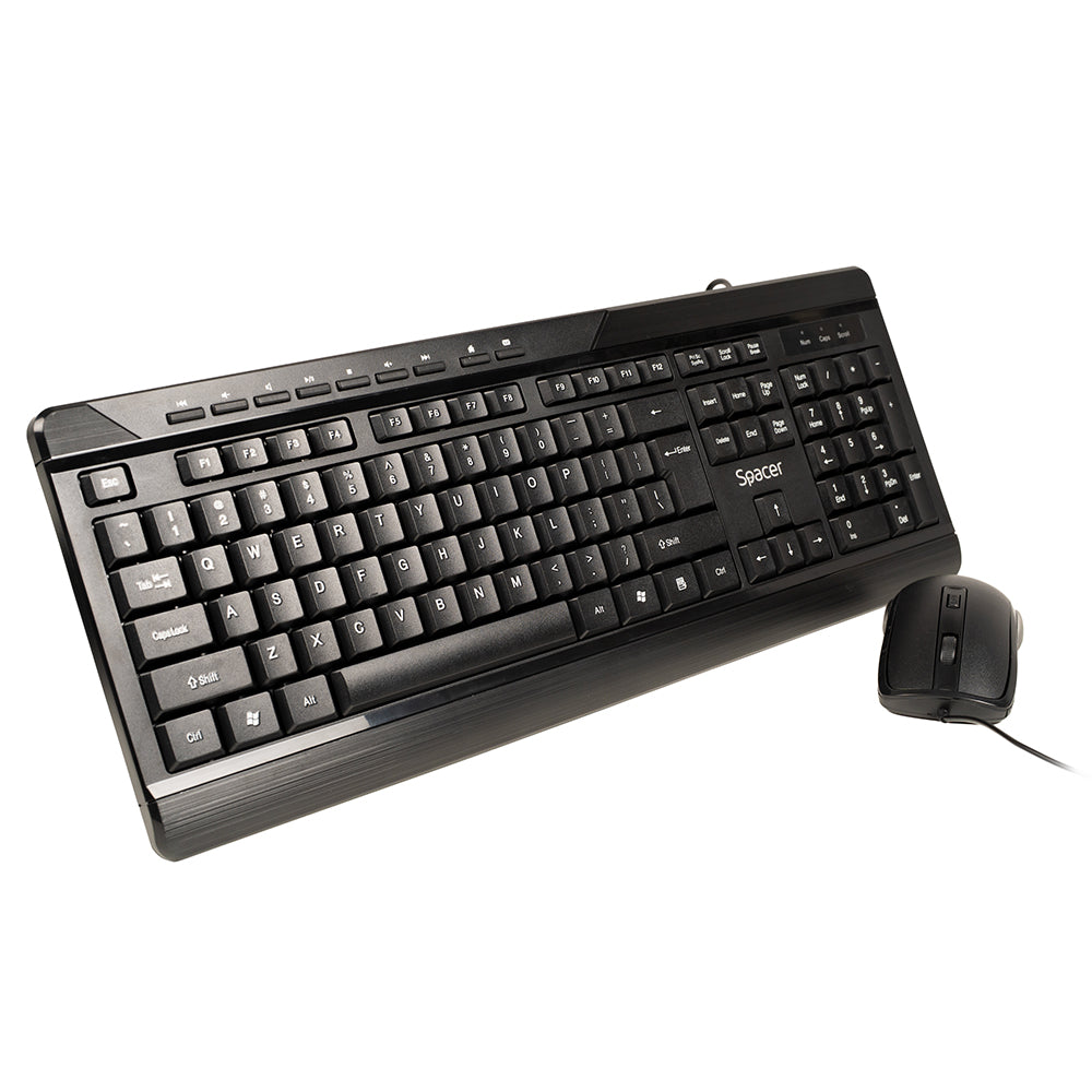 KIT wired SPACER, tastatura cu fir multimedia 104 taste (+ 9 taste multimedia) + mouse rezolutie max.1600dpi, 4 butoane, rotita scroll, black "SPOK-WD-02"