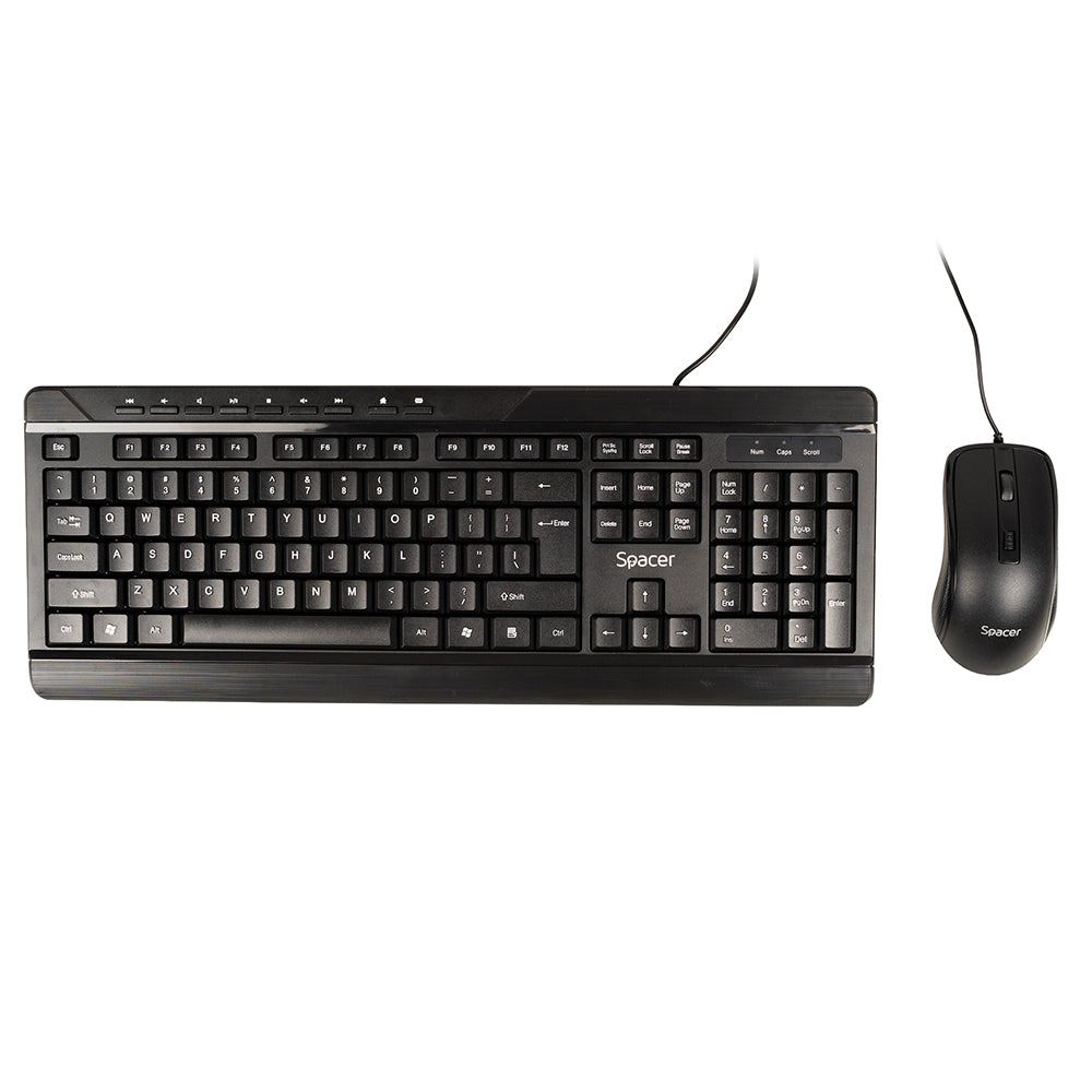 KIT wired SPACER, tastatura cu fir multimedia 104 taste (+ 9 taste multimedia) + mouse rezolutie max.1600dpi, 4 butoane, rotita scroll, black "SPOK-WD-02"