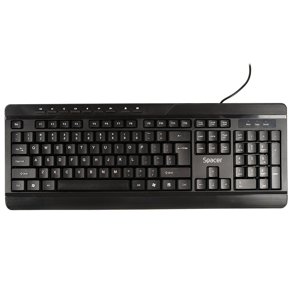 KIT wired SPACER, tastatura cu fir multimedia 104 taste (+ 9 taste multimedia) + mouse rezolutie max.1600dpi, 4 butoane, rotita scroll, black "SPOK-WD-02"