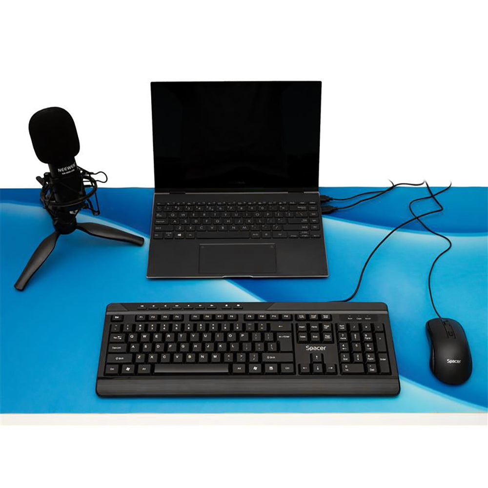 KIT wired SPACER, tastatura cu fir multimedia 104 taste (+ 9 taste multimedia) + mouse rezolutie max.1600dpi, 4 butoane, rotita scroll, black "SPOK-WD-02"