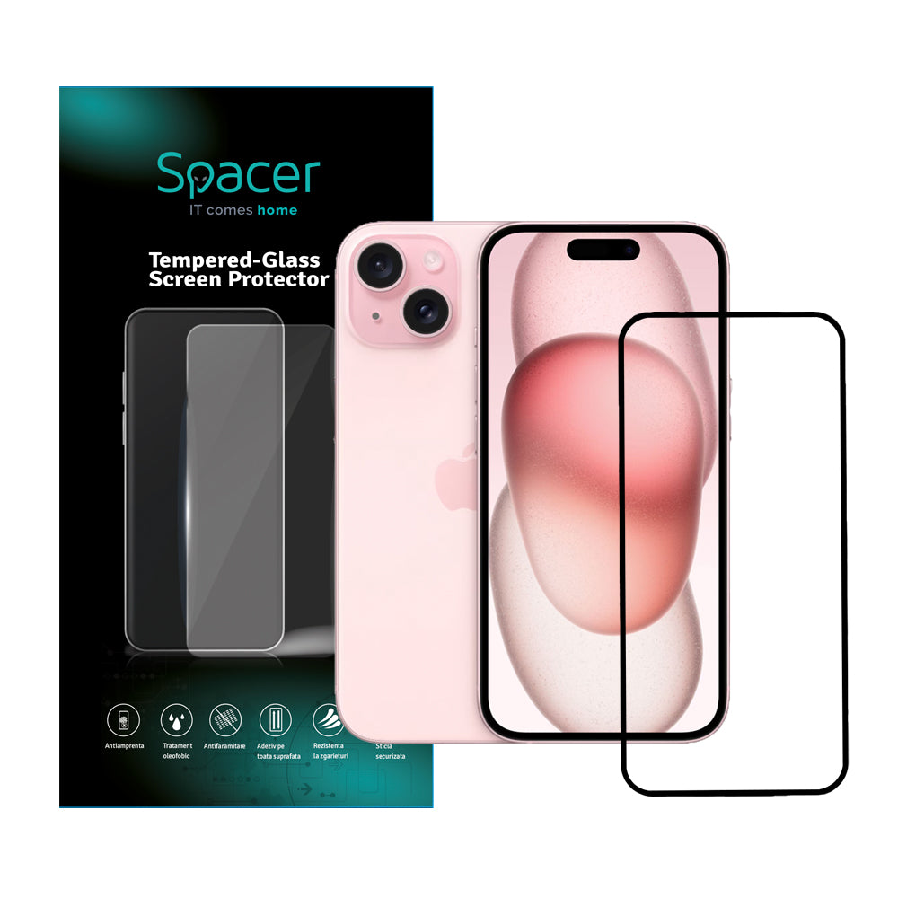 FOLIE STICLA Spacer pentru Iphone 15 Plus, grosime 0.3mm, acoperire totala ecran, strat special anti-ulei si anti-amprenta, Tempered Glass, sticla 9D, duritate 9H "SPPG-AP-IP15PL-TG"