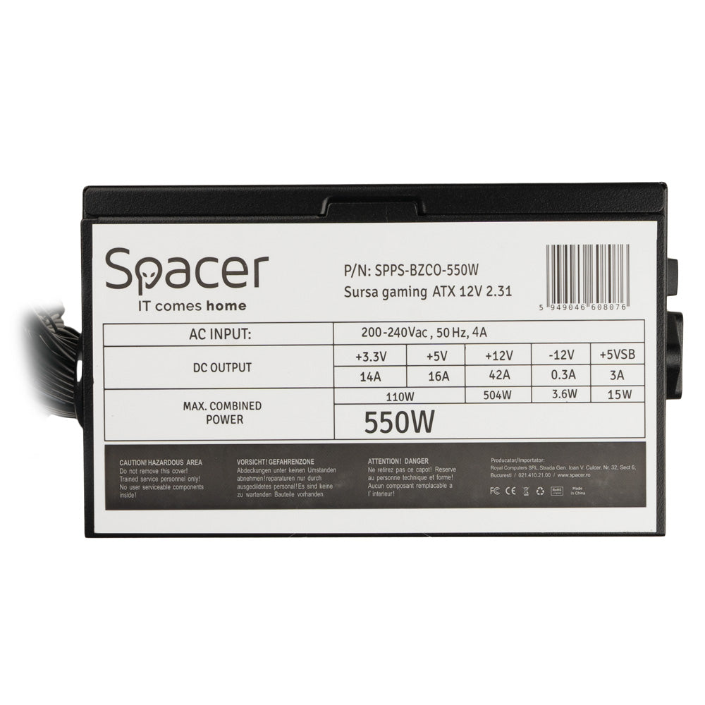 SURSA SPACER BZCO-550 80+ Bronze compatible, 550w, fan 120mm, MB (20+4) x1, CPU (4+4) x2, PCI-E (6+2) x2, SATA x6, Molex x3, *retail* "SPPS-BZCO-550"